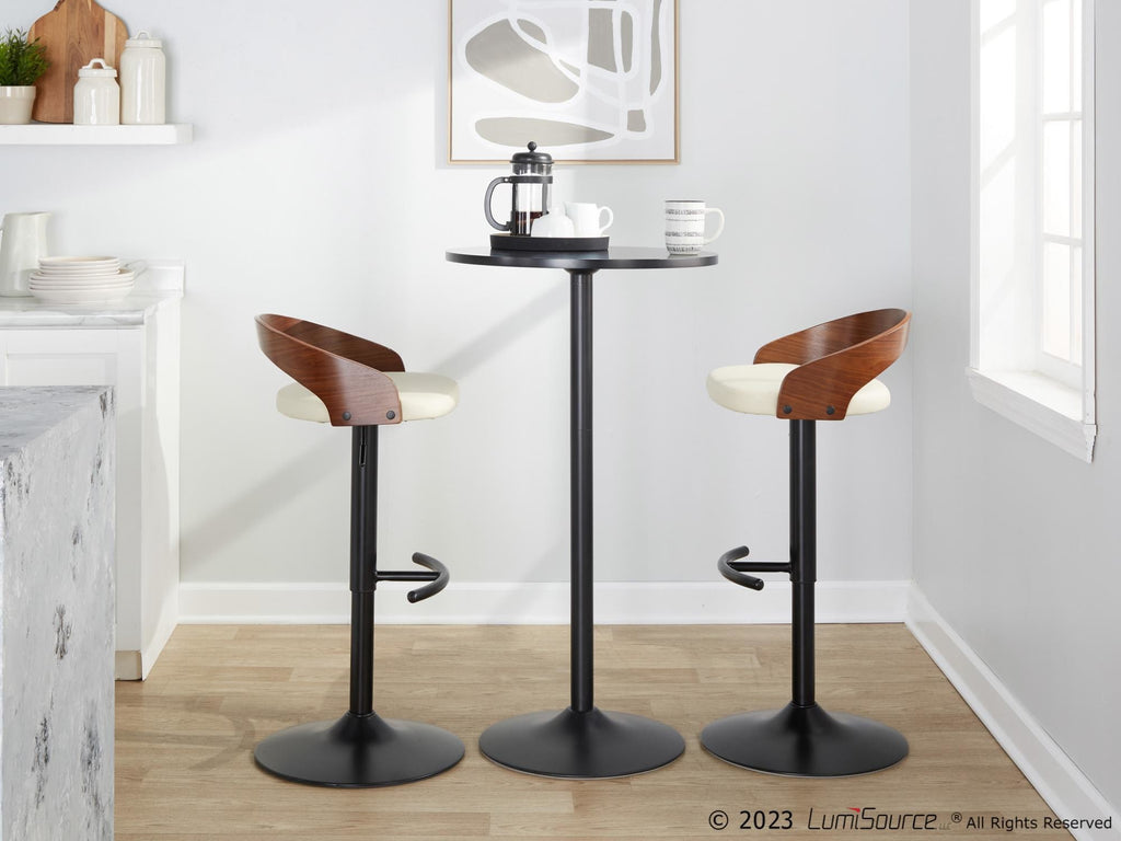 Grotto Adjustable Barstool - Set of 3 - Black Metal, Walnut Wood, Cream PU