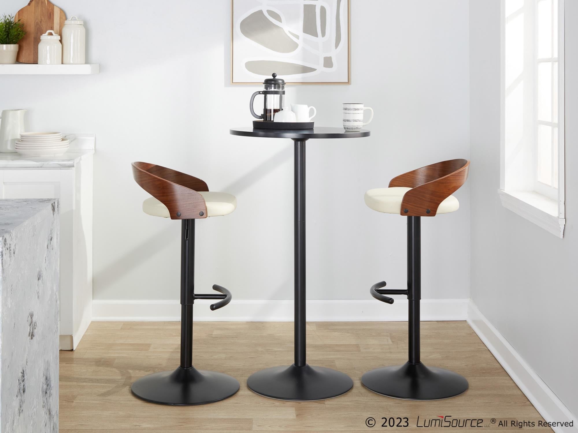 Grotto Adjustable Barstool - Set of 3 - Black Metal, Walnut Wood, Cream PU