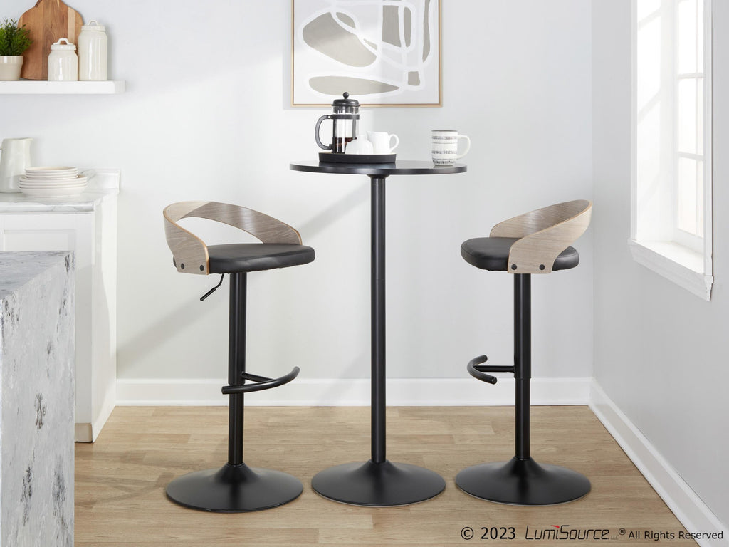 Grotto Adjustable Barstool - Set of 3 - Black Metal, Light Grey Wood, Black PU