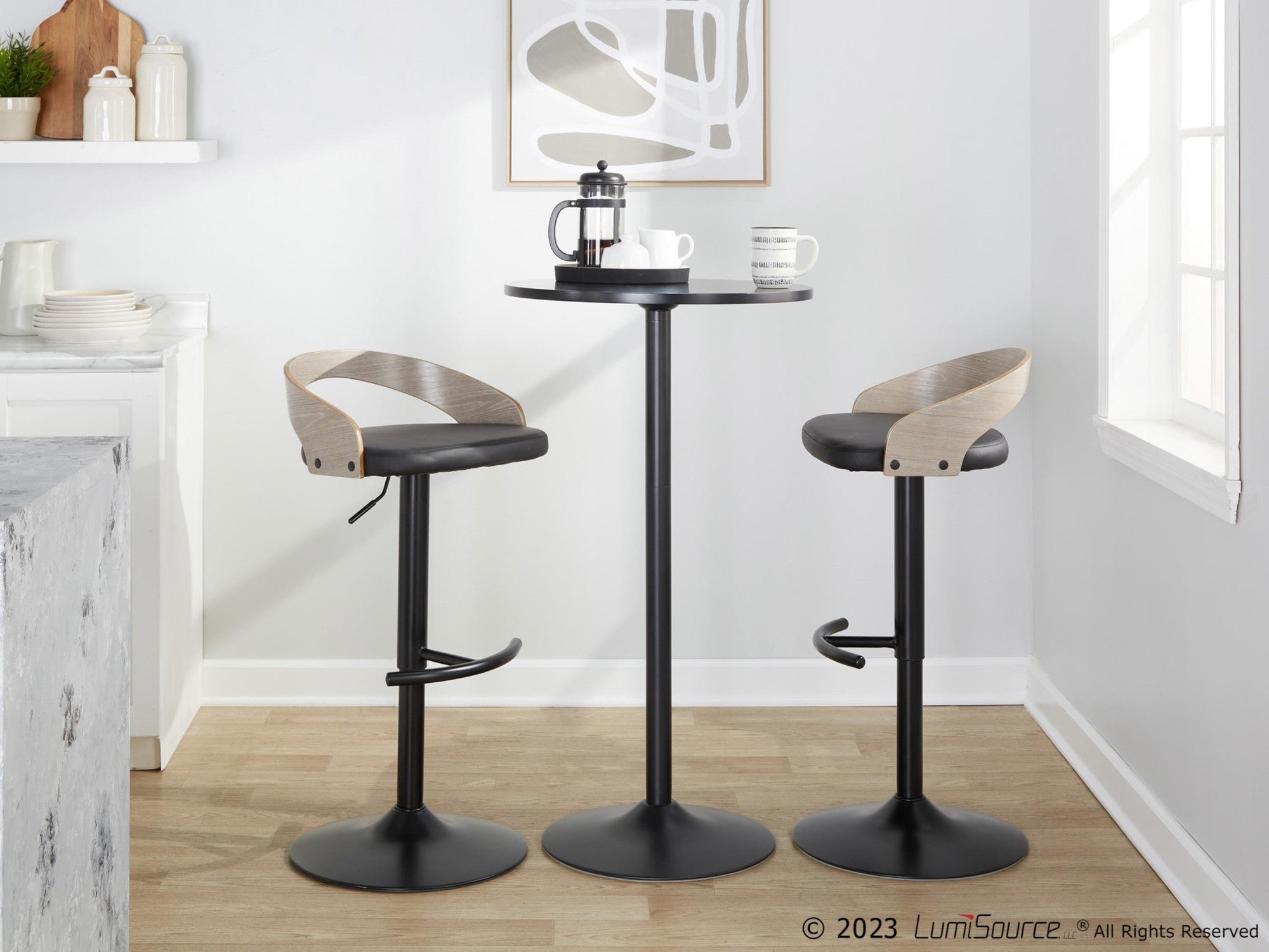 Grotto Adjustable Barstool - Set of 3 - Black Metal, Light Grey Wood, Black PU