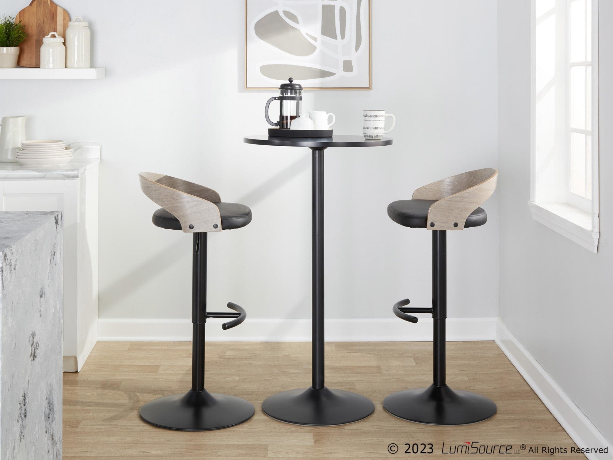 Grotto Adjustable Barstool - Black Metal, Light Grey Wood, Black PU