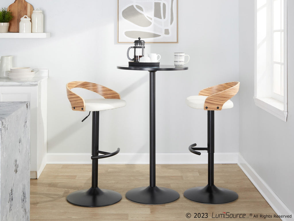 Grotto Adjustable Barstool - Black Metal, Zebra Wood, White PU