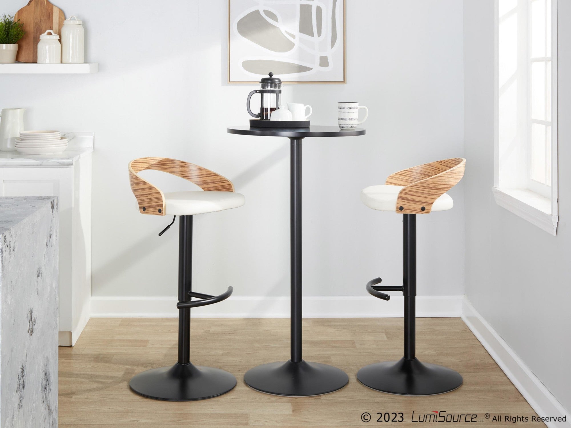 Grotto Adjustable Barstool - Set of 3 - Black Metal, Zebra Wood, White PU
