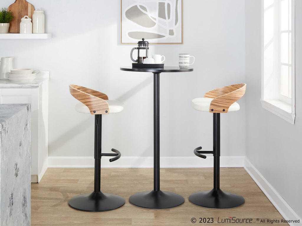 Grotto Adjustable Barstool - Set of 3 - Black Metal, Zebra Wood, White PU