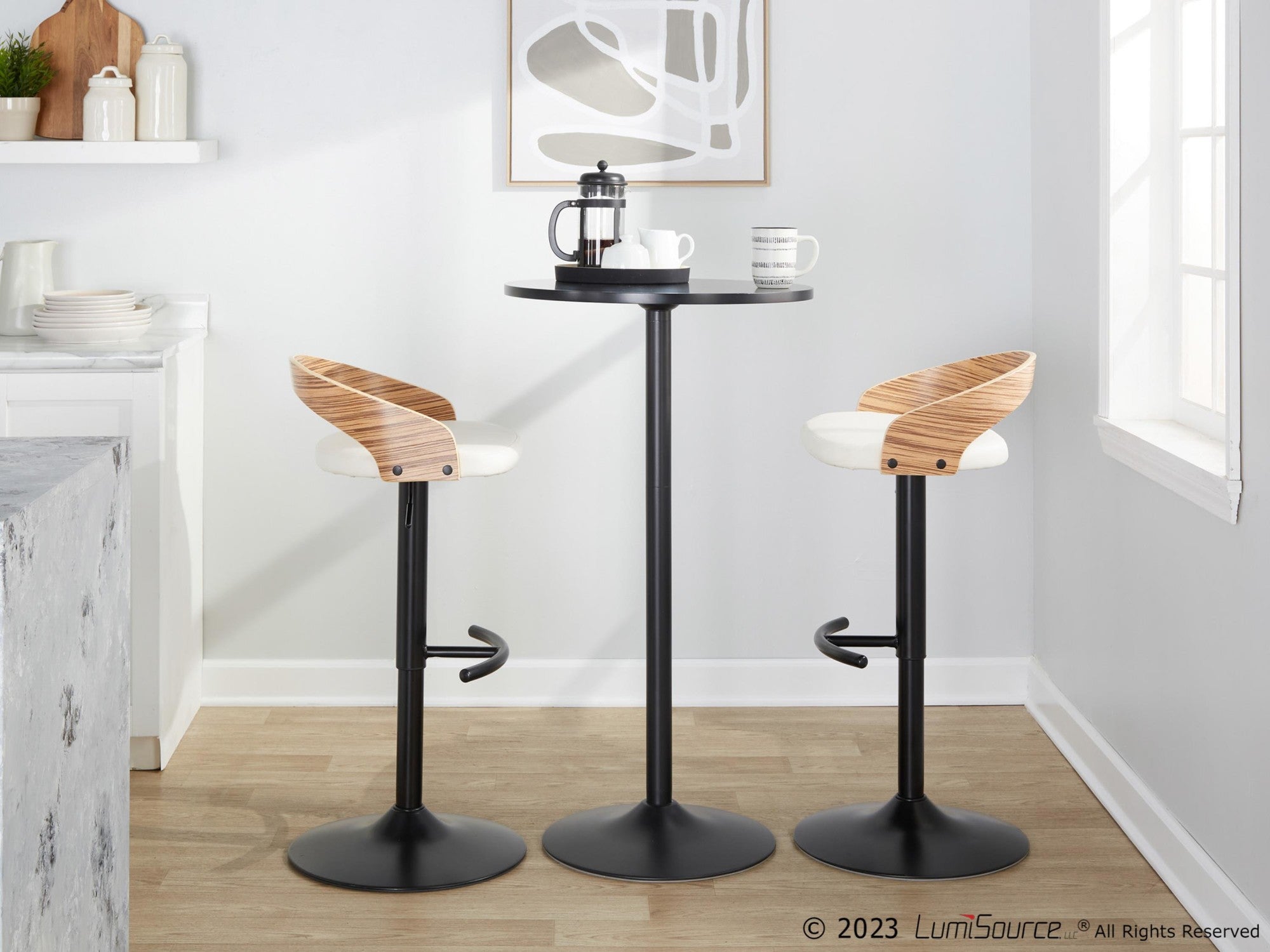 Grotto Adjustable Barstool - Set of 3 - Black Metal, Zebra Wood, White PU