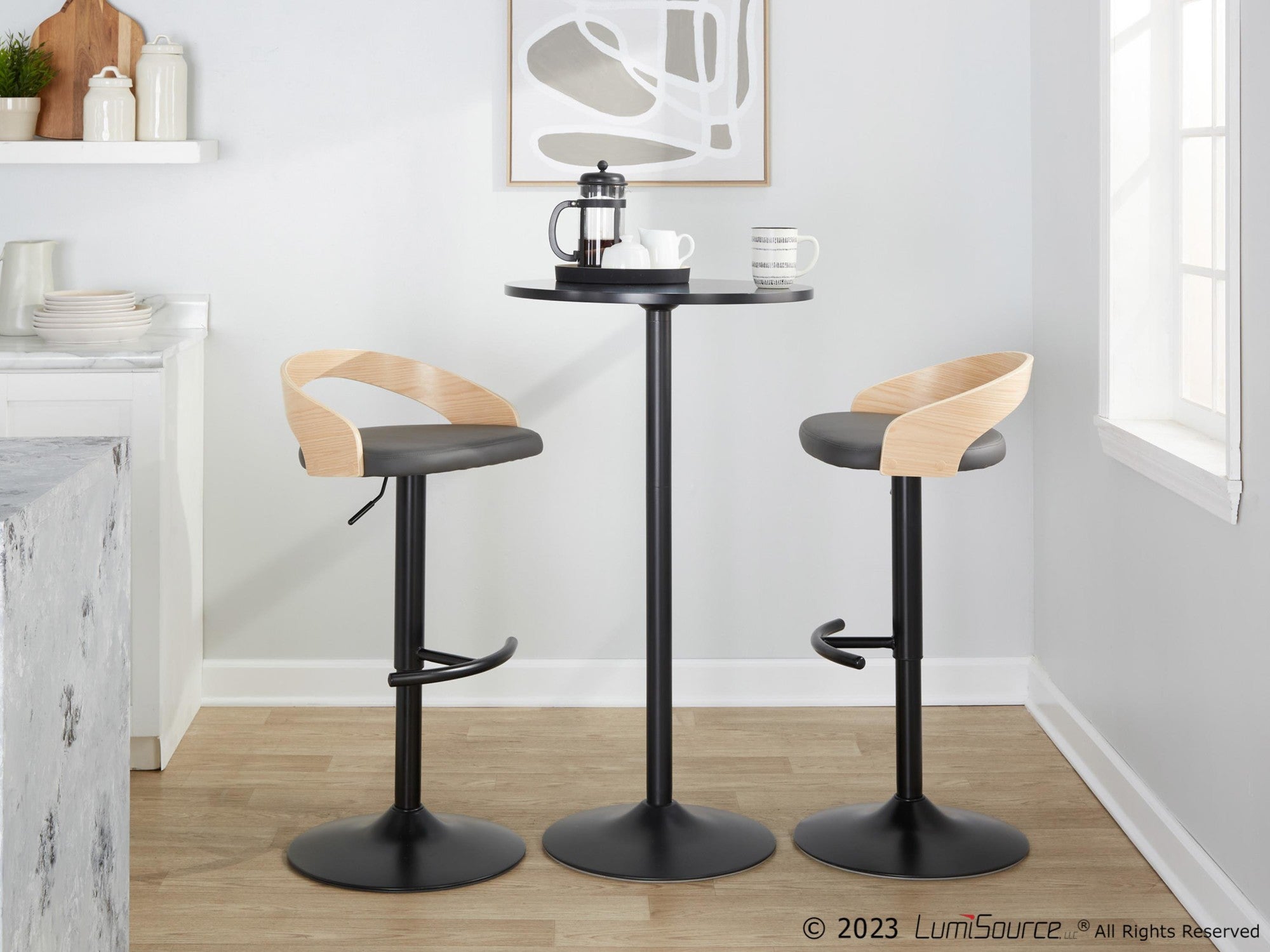 Grotto Adjustable Barstool - Black Metal, Natural Wood, Grey PU