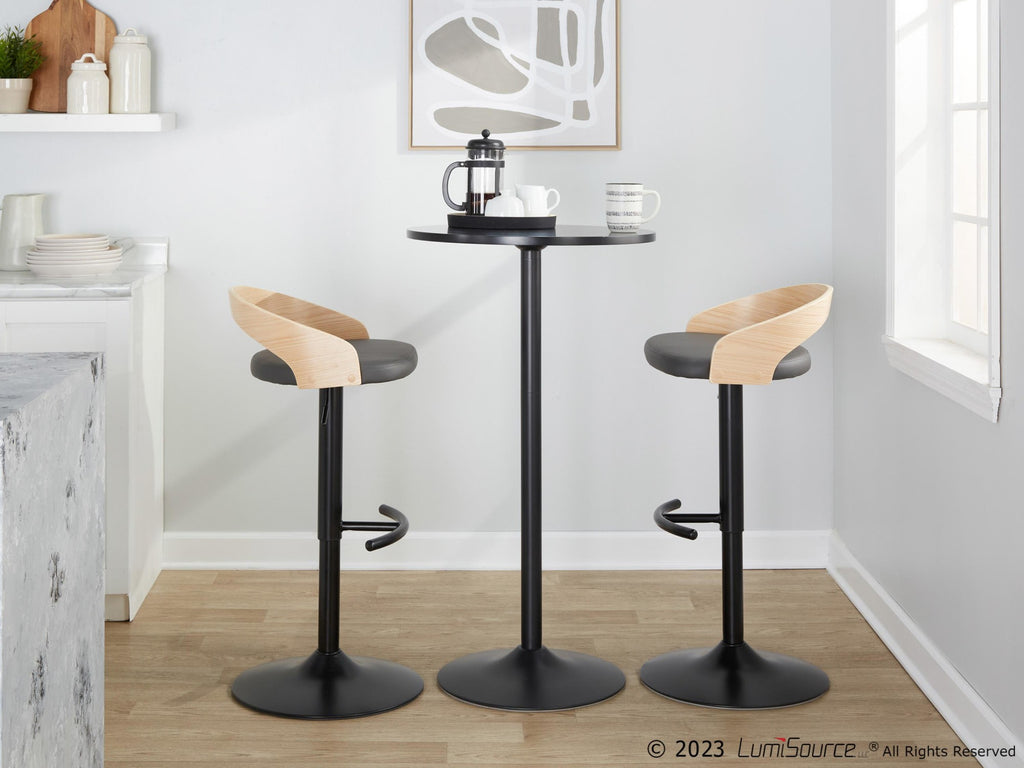 Grotto Adjustable Barstool - Black Metal, Natural Wood, Grey PU