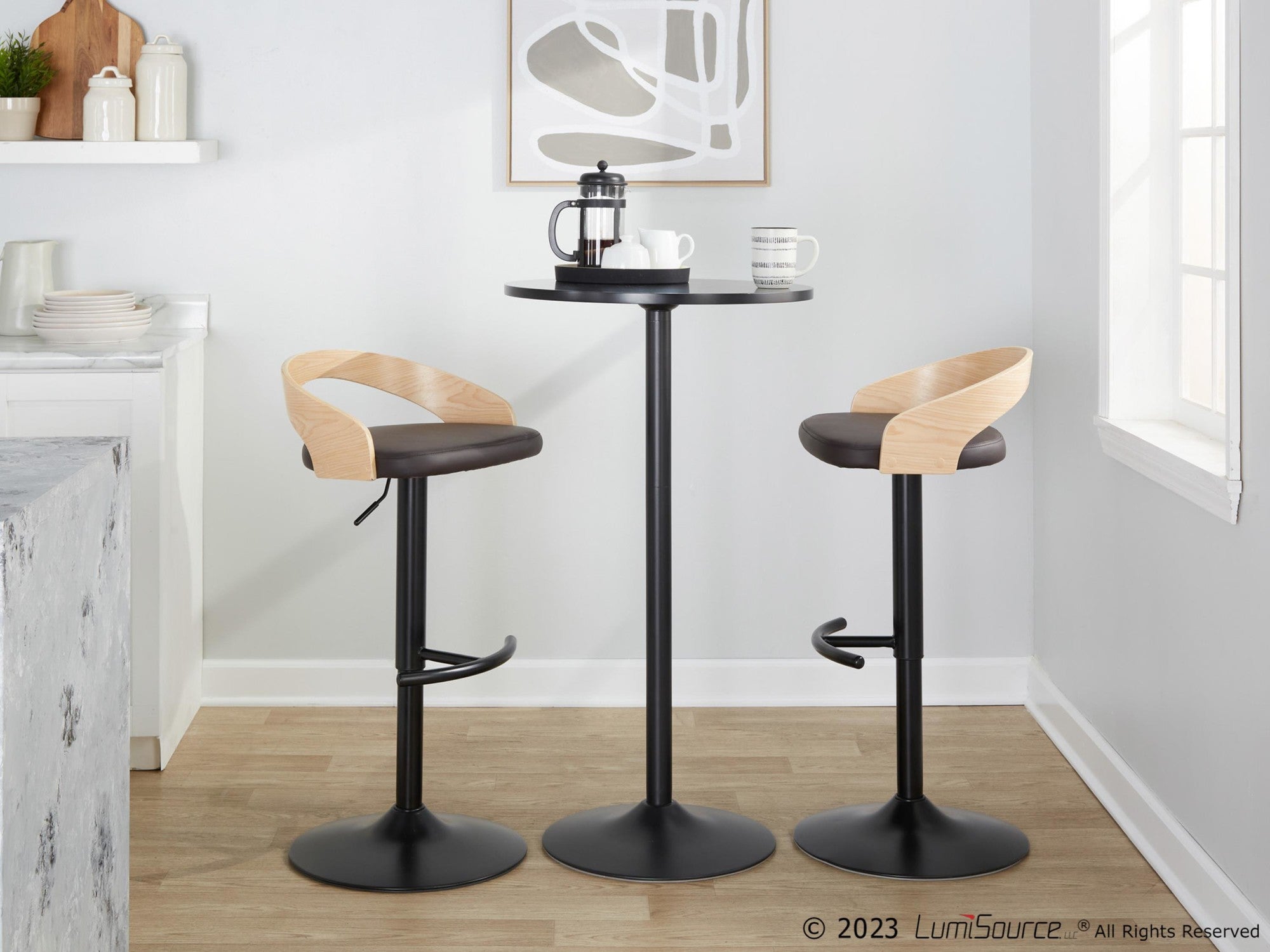 Grotto Adjustable Barstool - Black Metal, Natural Wood, Brown PU