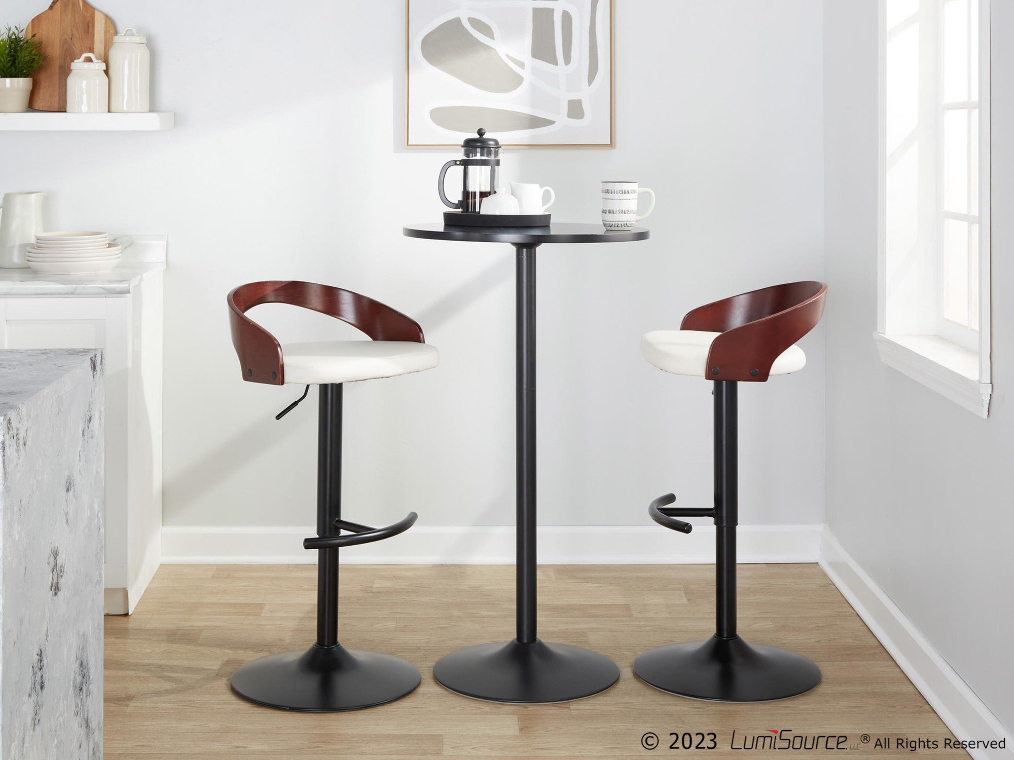 Grotto Adjustable Barstool - Set of 3 - Black Metal, Mahogany Wood, White PU