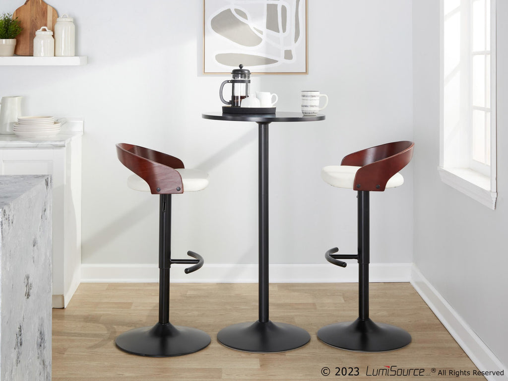 Grotto Adjustable Barstool - Black Metal, Mahogany Wood, White PU