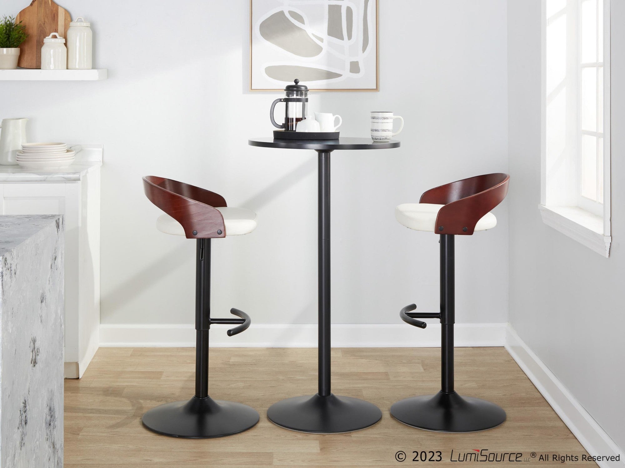 Grotto Adjustable Barstool - Black Metal, Mahogany Wood, White PU