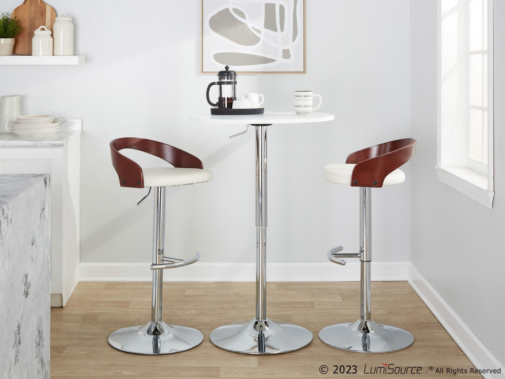 Grotto Adjustable Barstool - Set of 3 - Chrome Metal, Mahogany Wood, White PU