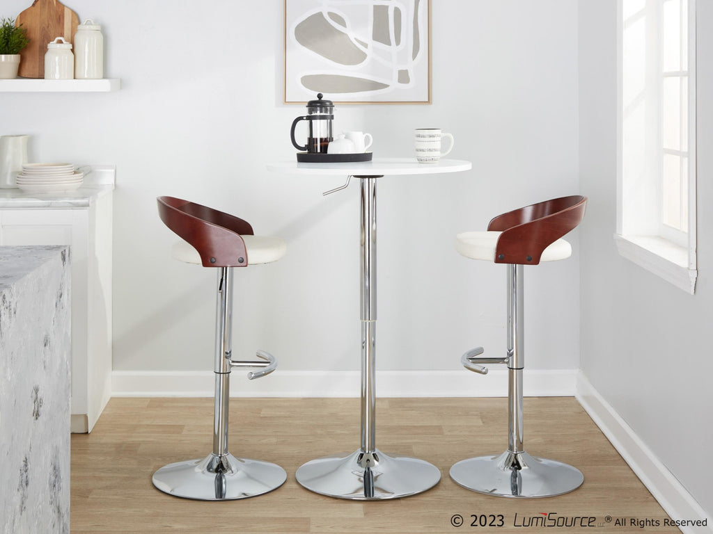 Grotto Adjustable Barstool - Set of 3 - Chrome Metal, Mahogany Wood, White PU