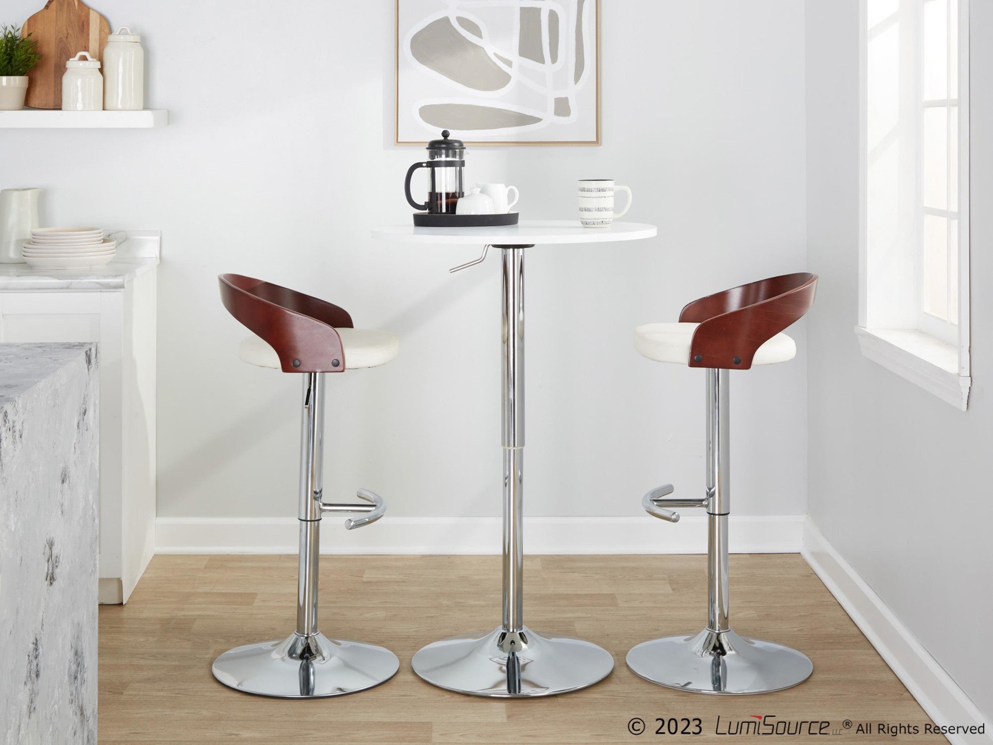 Grotto Adjustable Barstool - Set of 3 - Chrome Metal, Mahogany Wood, White PU