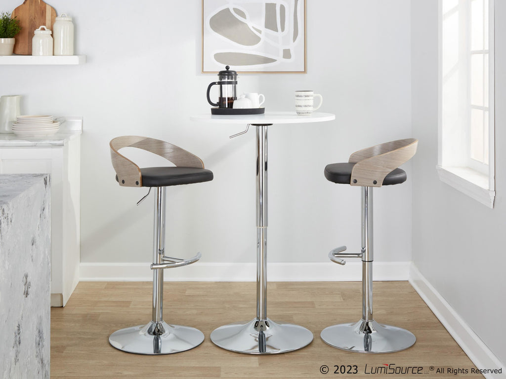 Grotto Adjustable Barstool - Set of 3 - Chrome Metal, Light Grey Wood, Black PU