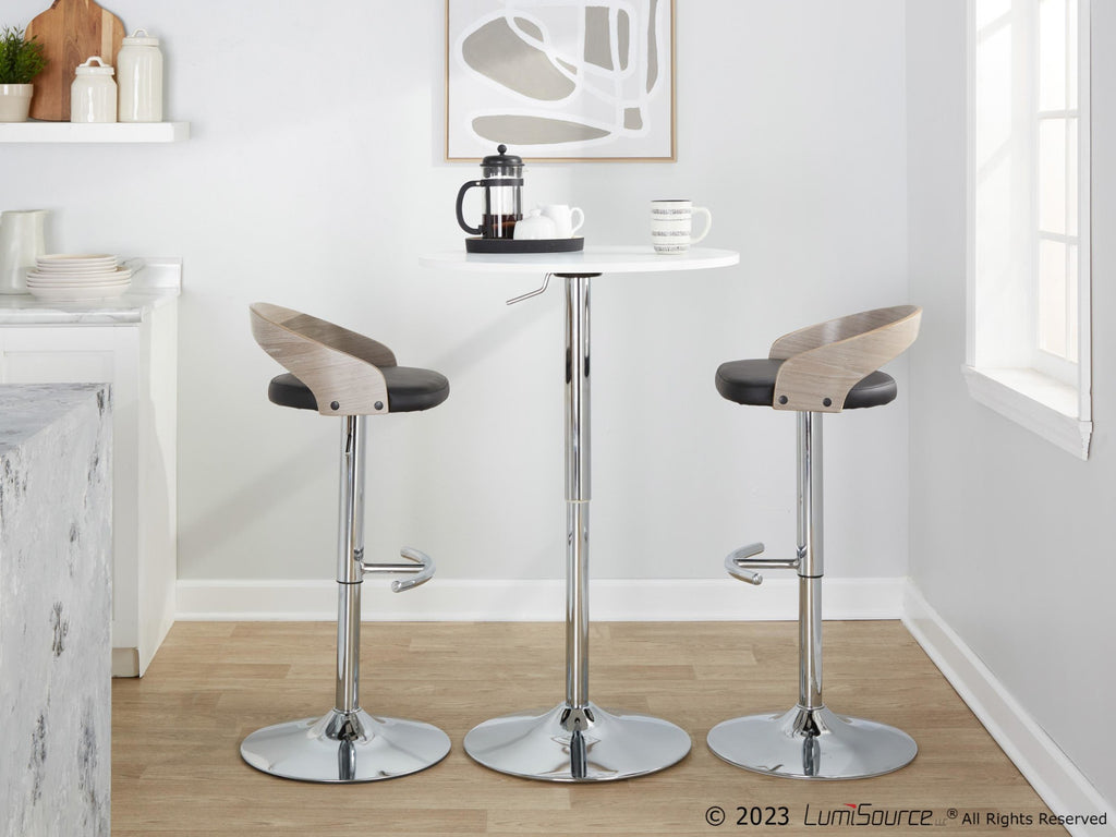 Grotto Adjustable Barstool - Set of 3 - Chrome Metal, Light Grey Wood, Black PU