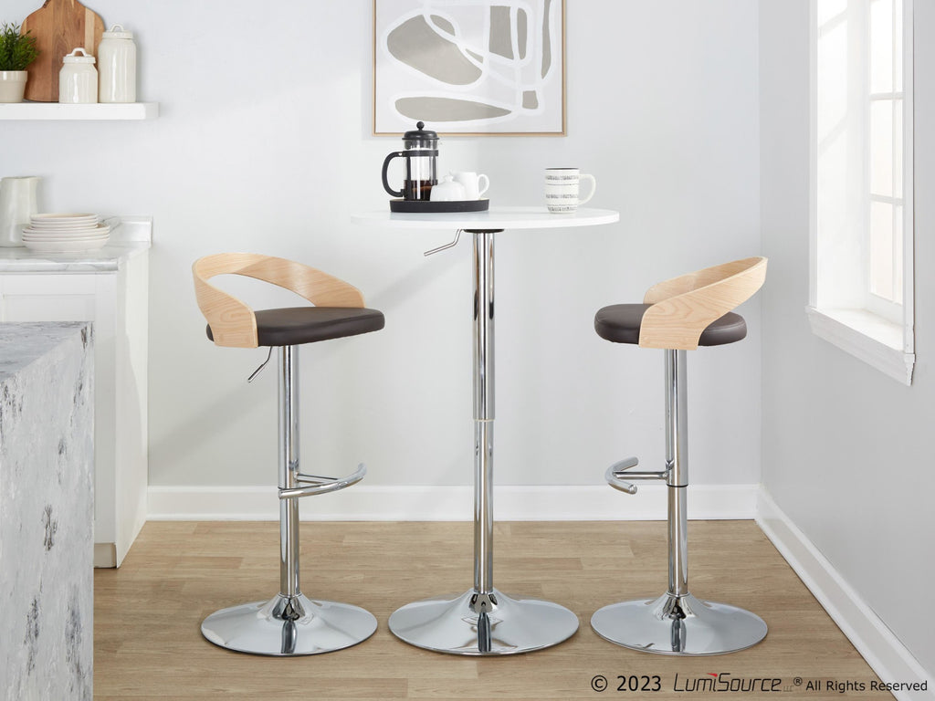 Grotto Adjustable Barstool - Set of 3 - Chrome Metal, Natural Wood, Brown PU
