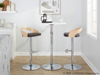 Grotto Adjustable Barstool - Set of 3 - Chrome Metal, Natural Wood, Brown PU