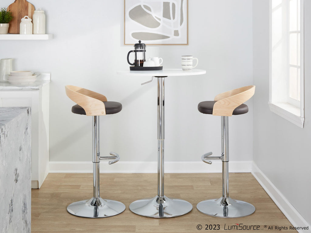 Grotto Adjustable Barstool - Chrome Metal, Natural Wood, Brown PU