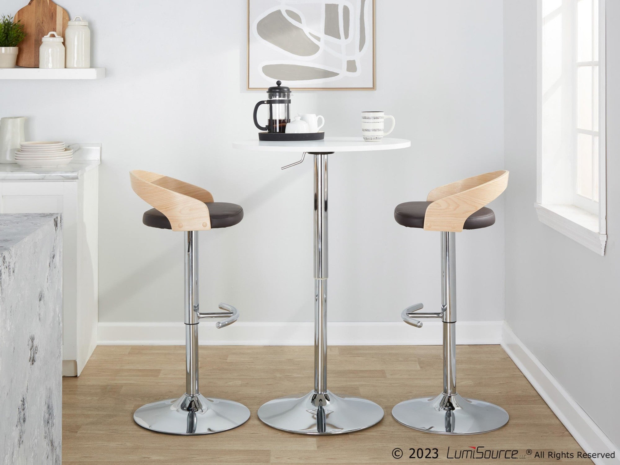 Grotto Adjustable Barstool - Set of 3 - Chrome Metal, Natural Wood, Brown PU