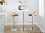 Grotto Adjustable Barstool - Set of 3 - Chrome Metal, Natural Wood, Grey PU