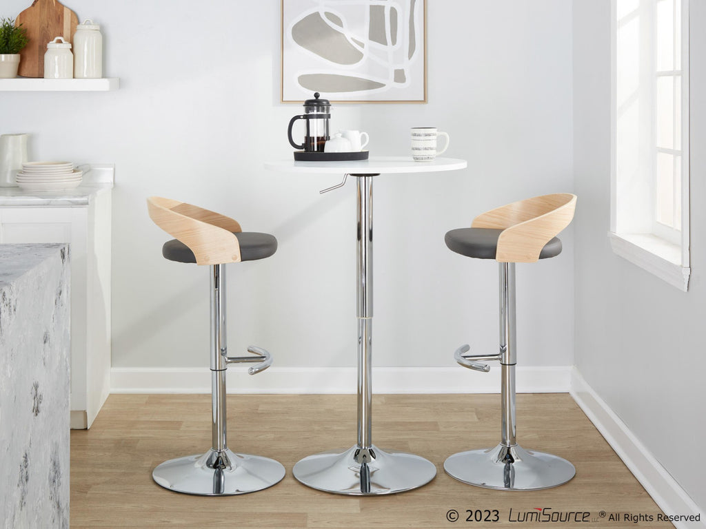 Grotto Adjustable Barstool - Set of 3 - Chrome Metal, Natural Wood, Grey PU