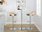 Grotto Adjustable Barstool - Set of 3 - Chrome Metal, Natural Wood, Grey PU