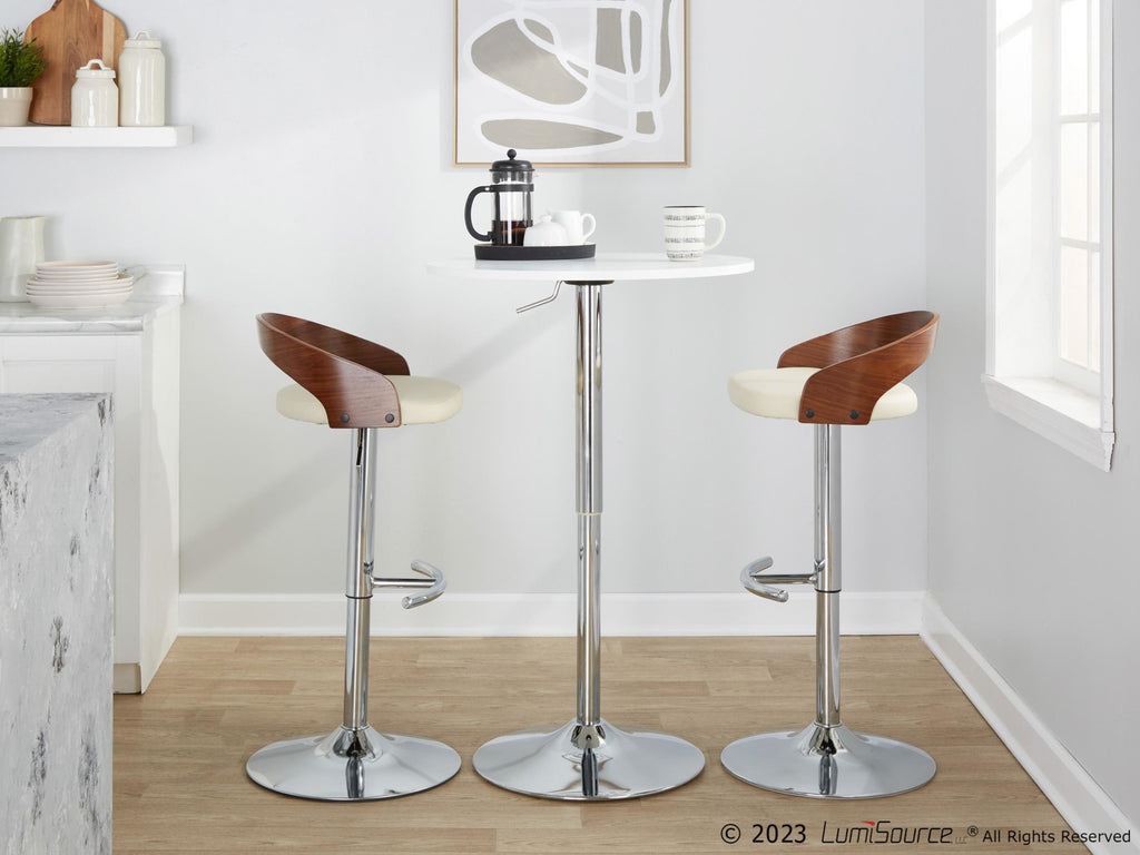 Grotto Adjustable Barstool - Set of 3 - Chrome Metal, Walnut Wood, Cream PU
