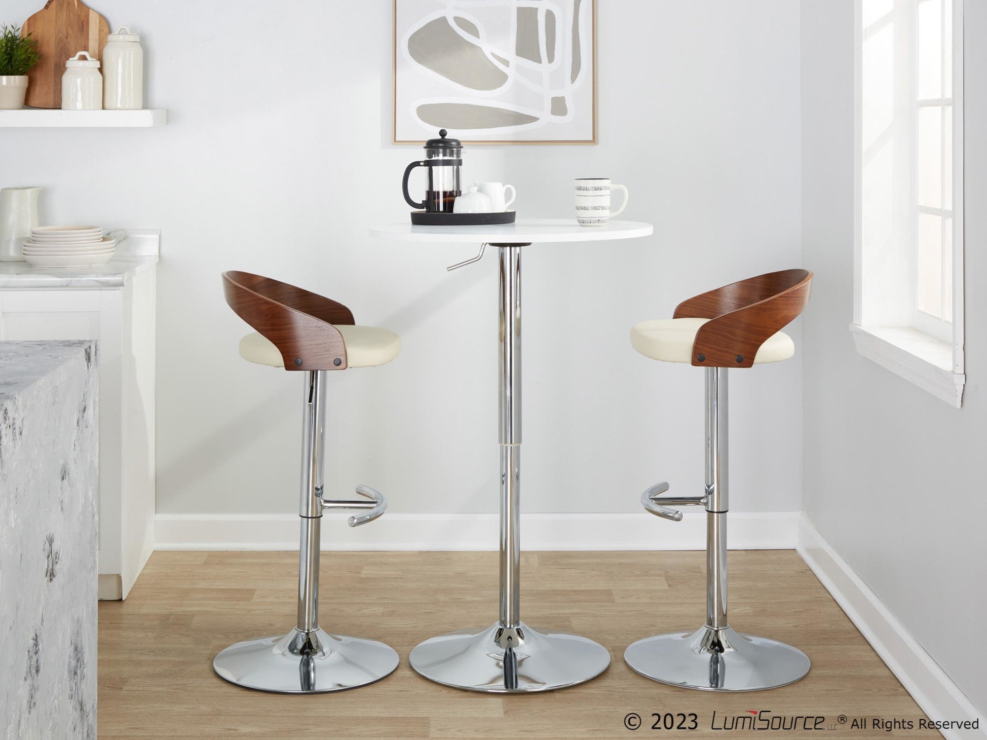 Grotto Adjustable Barstool - Set of 3 - Chrome Metal, Walnut Wood, Cream PU
