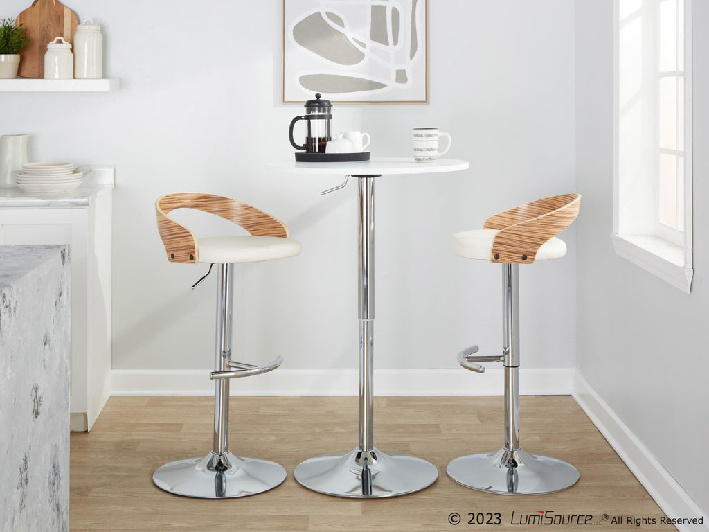Grotto Adjustable Barstool - Set of 3 - Chrome Metal, Zebra Wood, White PU
