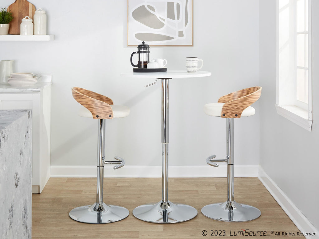 Grotto Adjustable Barstool - Set of 3 - Chrome Metal, Zebra Wood, White PU