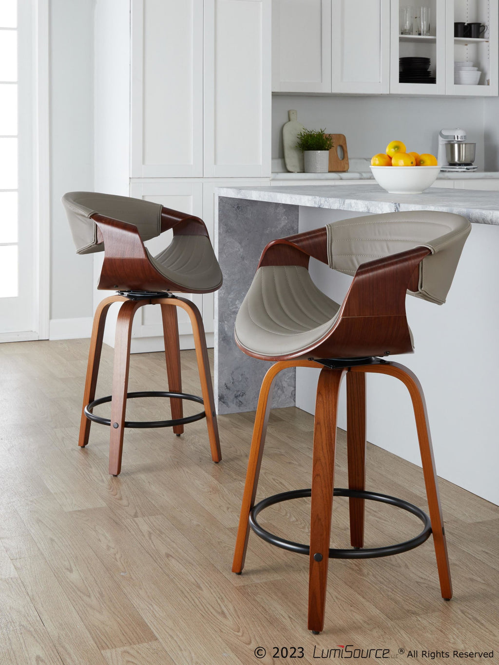 Symphony 24" Fixed-Height Counter Stool - Set of 2 - Walnut Wood, Pewter Grey PU, Black Metal