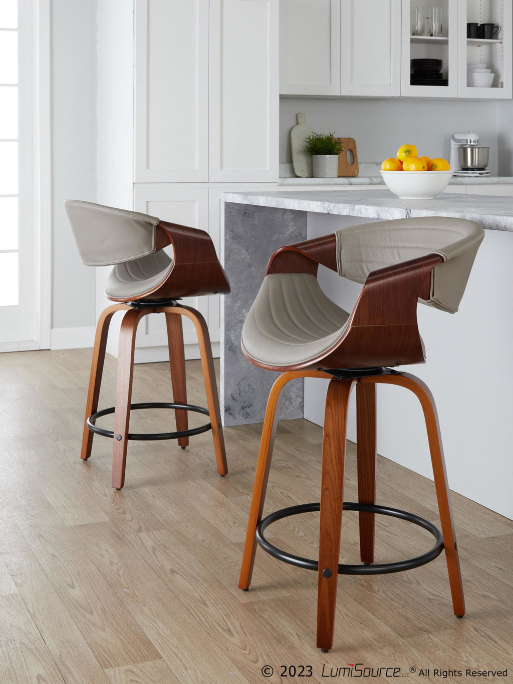 Symphony 24" Fixed-Height Counter Stool - Set of 2 - Walnut Wood, Pewter Grey PU, Black Metal