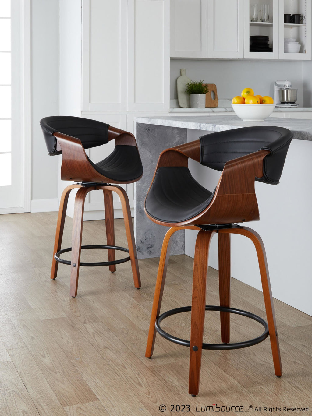 Symphony 24" Fixed-Height Counter Stool - Set of 2 - Walnut Wood, Black PU, Black Metal