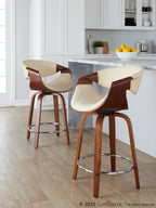 Symphony 24" Fixed-Height Counter Stool - Set of 2 - Walnut Wood, Cream PU, Chrome Metal