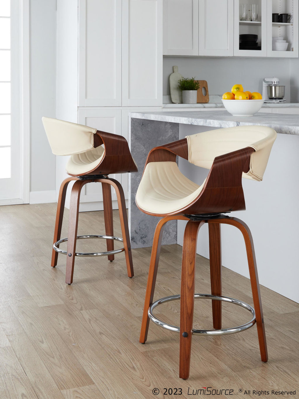 Symphony 24" Fixed-Height Counter Stool - Set of 2 - Walnut Wood, Cream PU, Chrome Metal