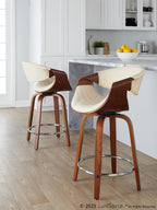 Symphony 24" Fixed-Height Counter Stool - Set of 2 - Walnut Wood, Cream PU, Chrome Metal