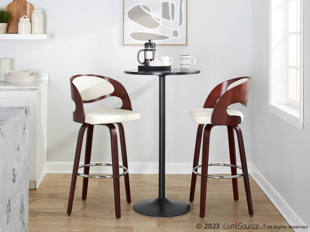 Pino 30" Fixed-Height Barstool - Set of 2 - Mahogany Wood, White PU, Chrome Metal