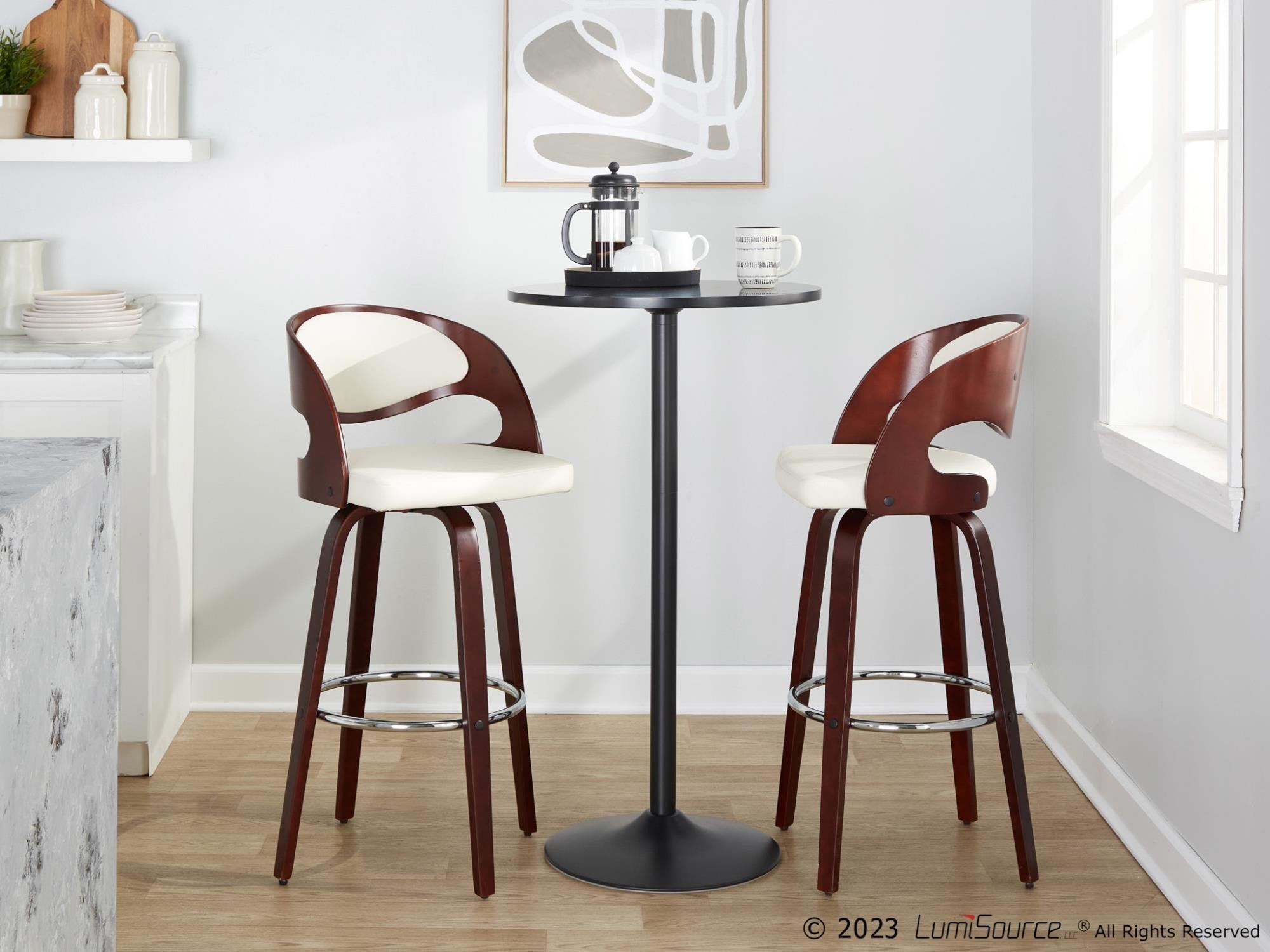 Pino 30" Fixed-Height Barstool - Set of 2 - Mahogany Wood, White PU, Chrome Metal