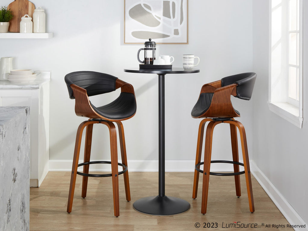 Symphony 30" Fixed-Height Barstool - Set of 2 - Black Metal, Walnut Wood, Black PU