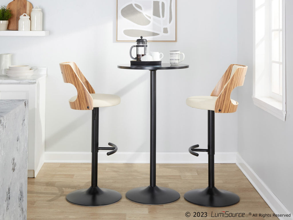 Cecina Adjustable Barstool - Set of 2 - Black Metal, Zebra Wood, Cream PU