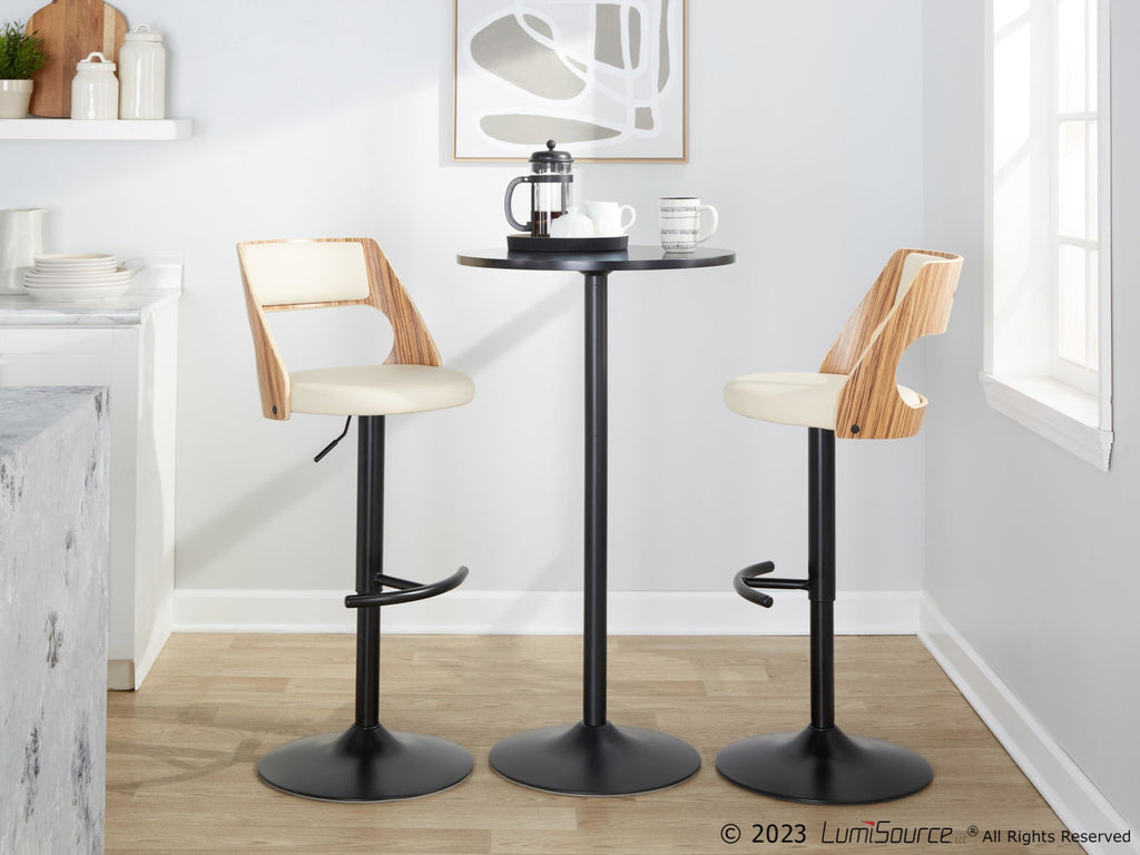 Cecina Adjustable Barstool - Set of 2 - Black Metal, Zebra Wood, Cream PU