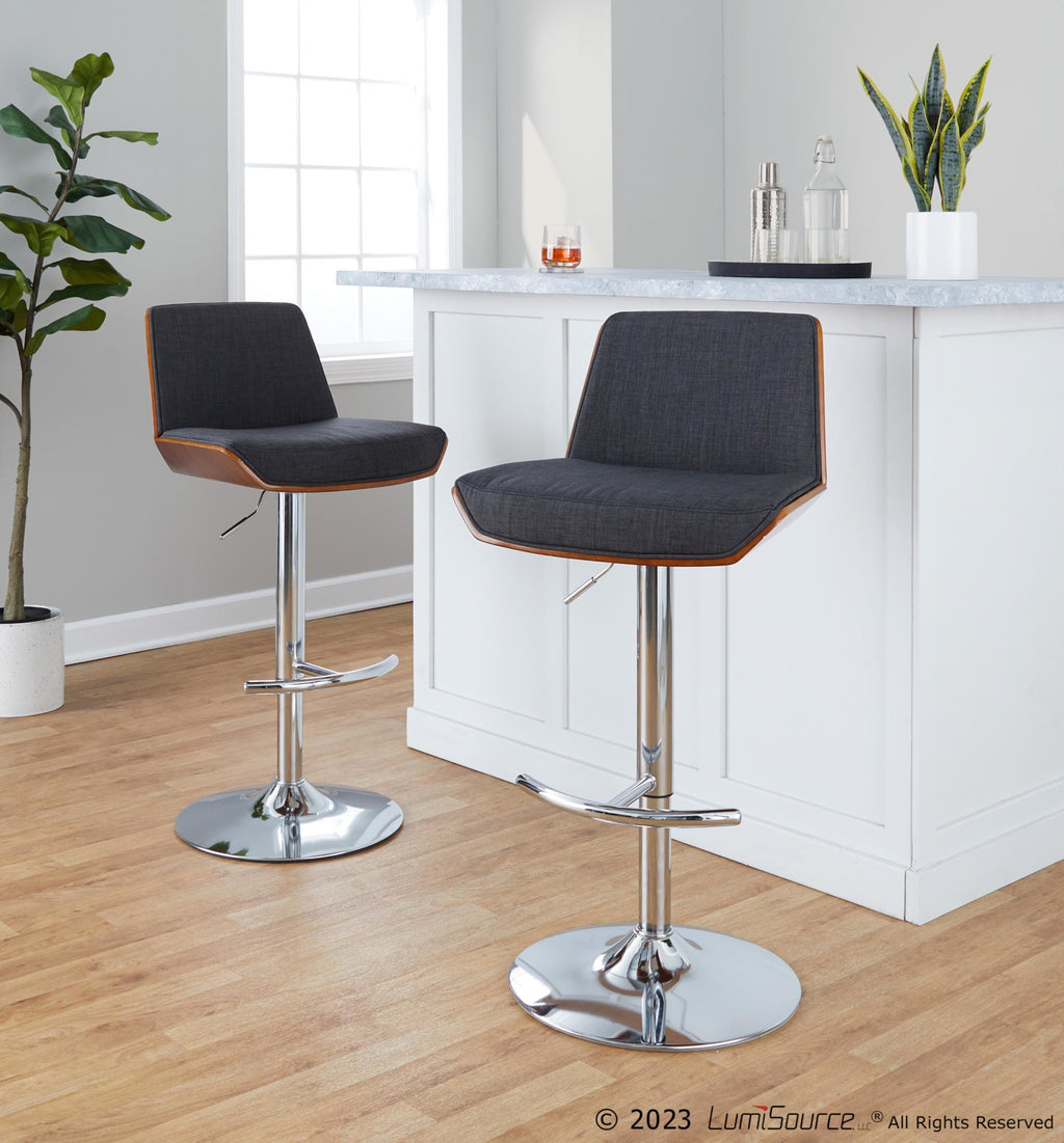 Corazza Adjustable Barstool - Set of 2 - Chrome Metal, Walnut Wood, Charcoal Fabric