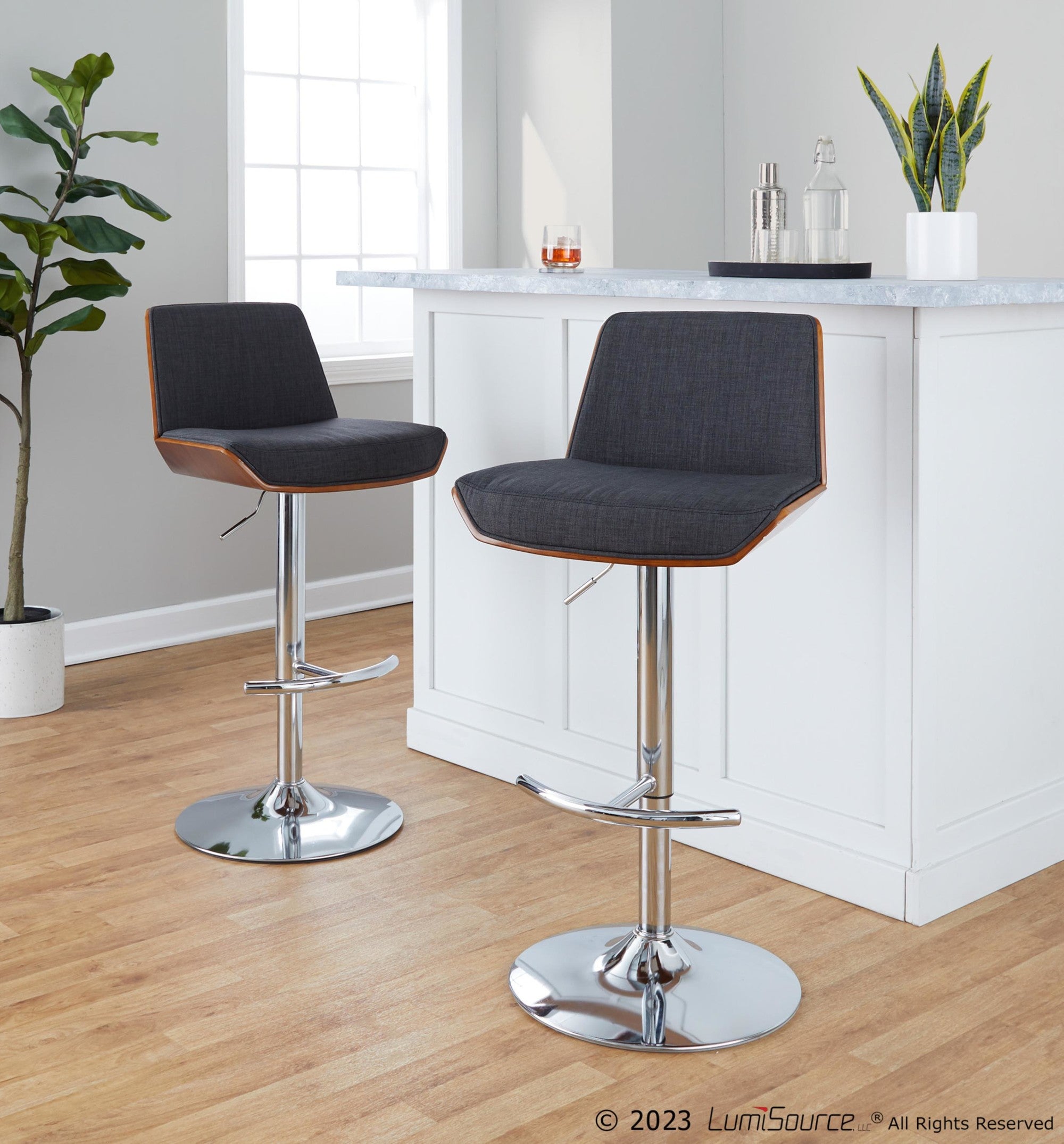 Corazza Adjustable Barstool - Set of 2 - Chrome Metal, Walnut Wood, Charcoal Fabric