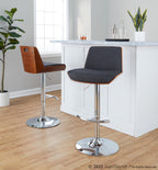 Corazza Adjustable Barstool - Set of 2 - Chrome Metal, Walnut Wood, Charcoal Fabric