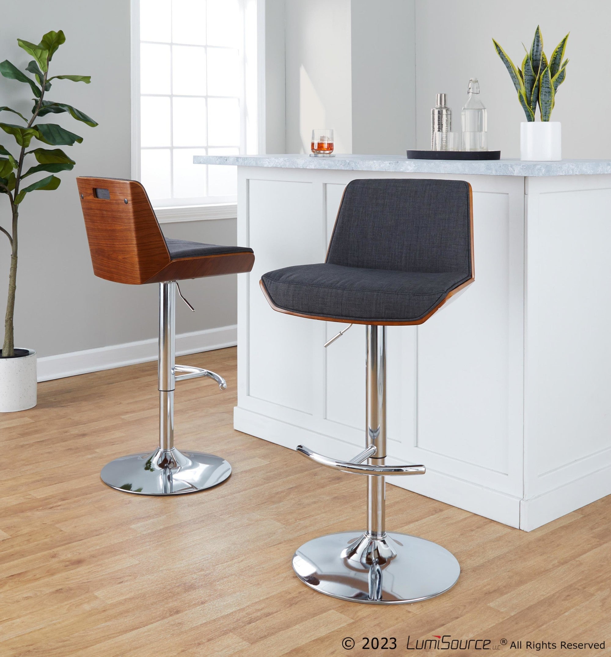 Corazza Adjustable Barstool - Set of 2 - Chrome Metal, Walnut Wood, Charcoal Fabric