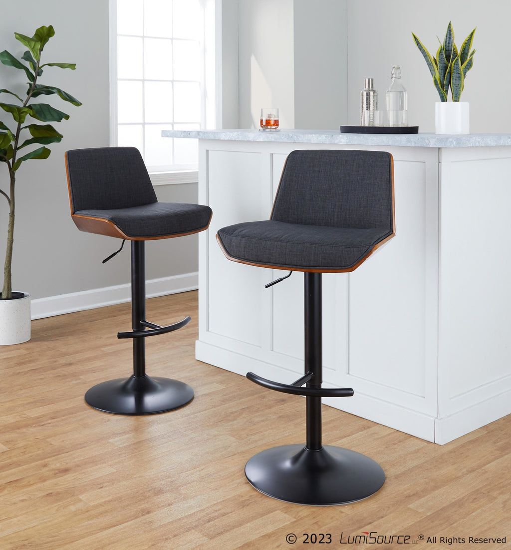 Corazza Adjustable Barstool - Set of 2 - Black Metal, Walnut Wood, Charcoal Fabric