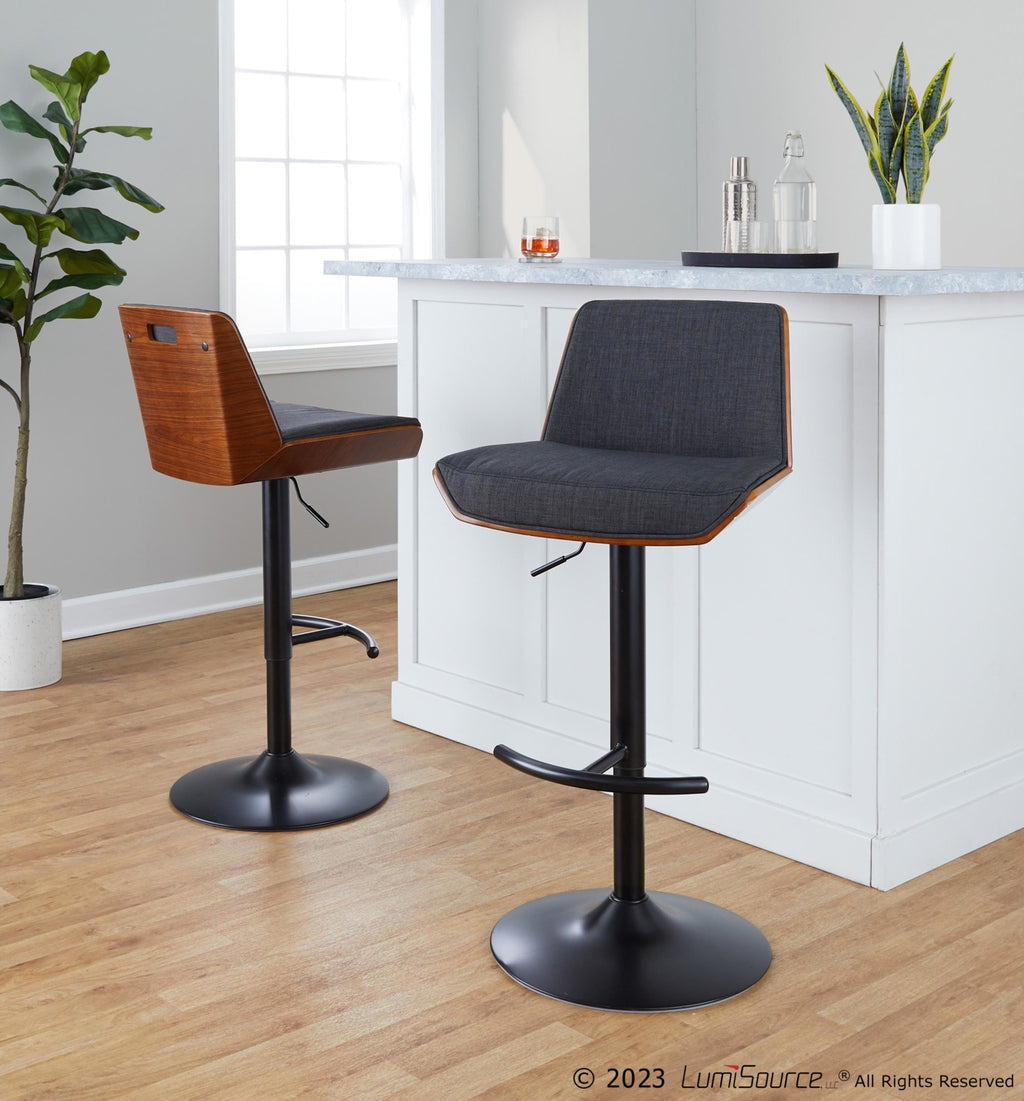 Corazza Adjustable Barstool - Set of 2 - Black Metal, Walnut Wood, Charcoal Fabric