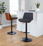 Corazza Adjustable Barstool - Set of 2 - Black Metal, Walnut Wood, Charcoal Fabric