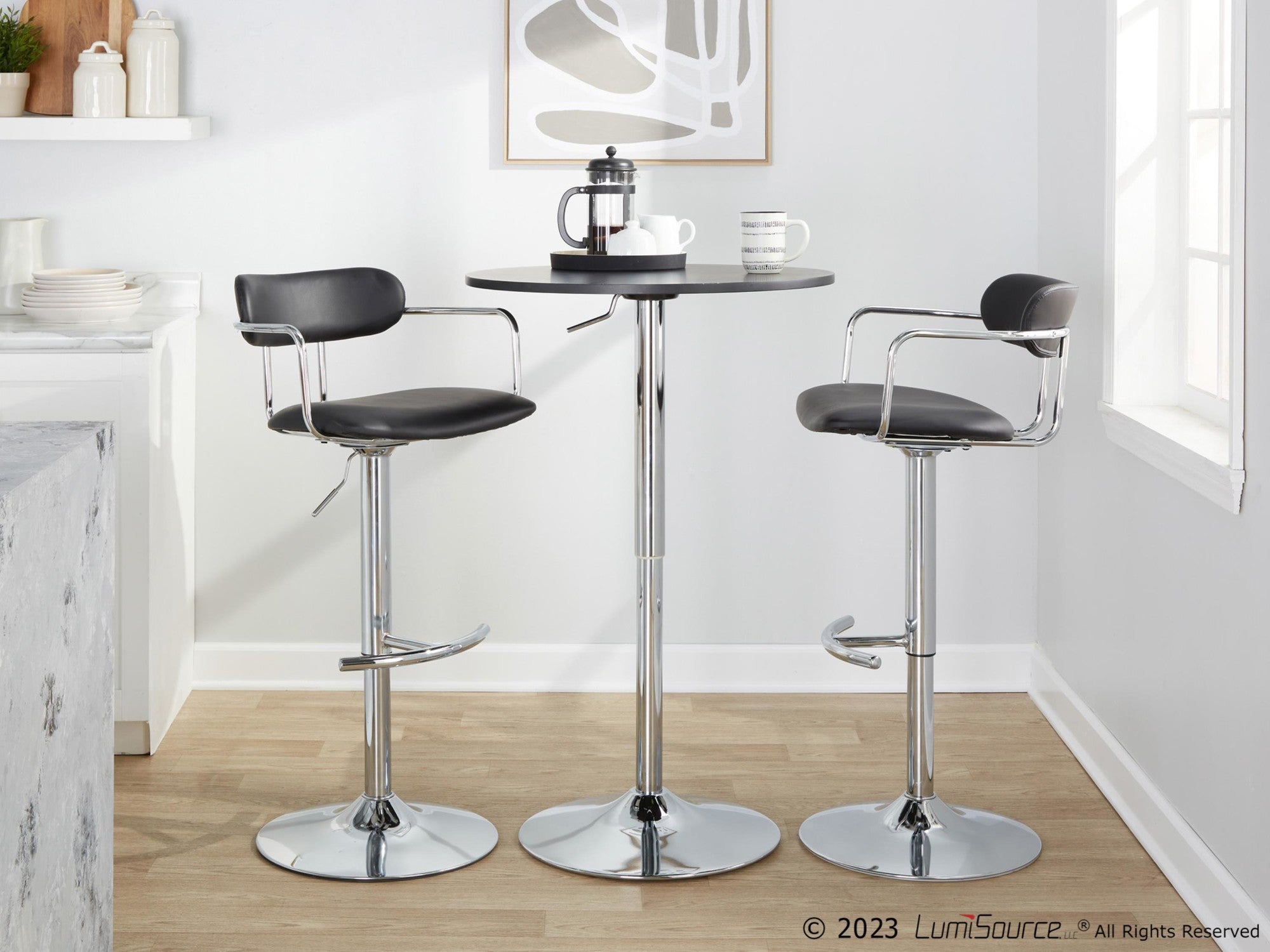 Demi Adjustable Barstool - Set of 2 - Chrome Metal, Black PU
